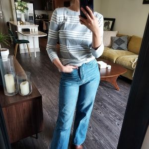 Three quarter sleeve bateau neck striped t shirt